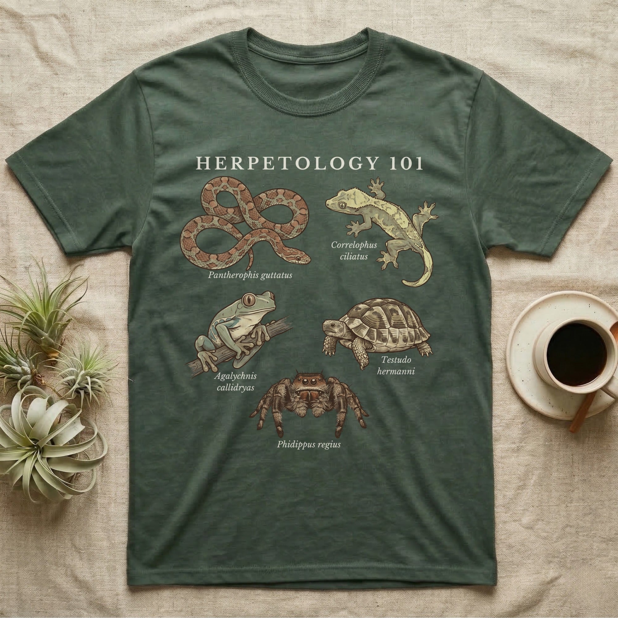 Herpetology 101 Reptile T-Shirt in Military Green — Vintage naturalist specimen plate of five terrarium animals arranged as a Herpetology 101 field-guide roster.