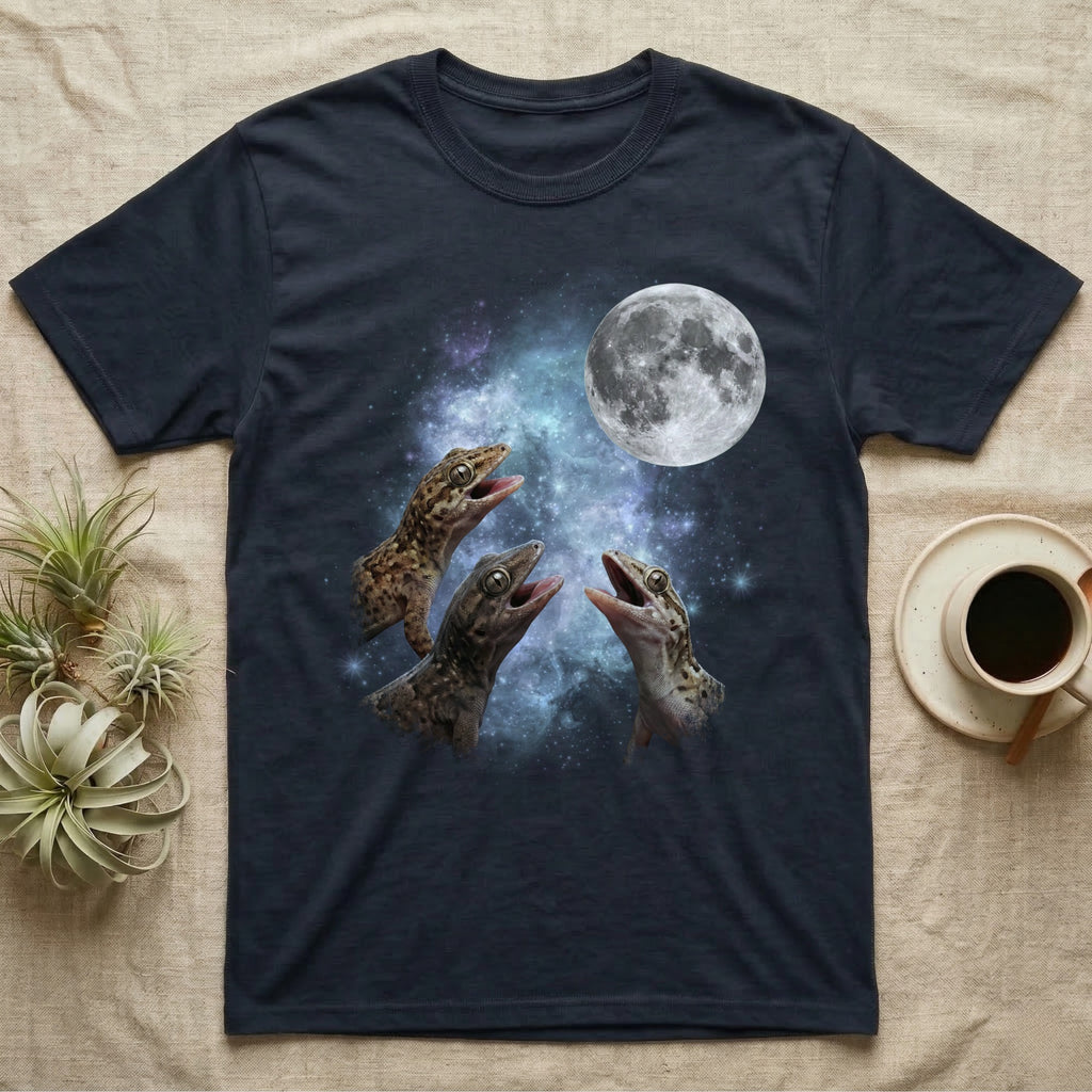 Mourning Gecko Moon Howl T-Shirt in Navy — Three Mourning Gecko colour morphs howling at a full moon over a nebula on a dark grey t-shirt.