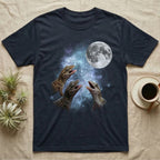 Mourning Gecko Moon Howl T-Shirt in Navy — Three Mourning Gecko colour morphs howling at a full moon over a nebula on a dark grey t-shirt.