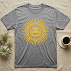 Hermann's Tortoise Sunburst T-Shirt in Sport Grey — Horn-yellow woodblock Hermann's tortoise seen head-on, its shell scutes radiating outward into a sunburst medallion.
