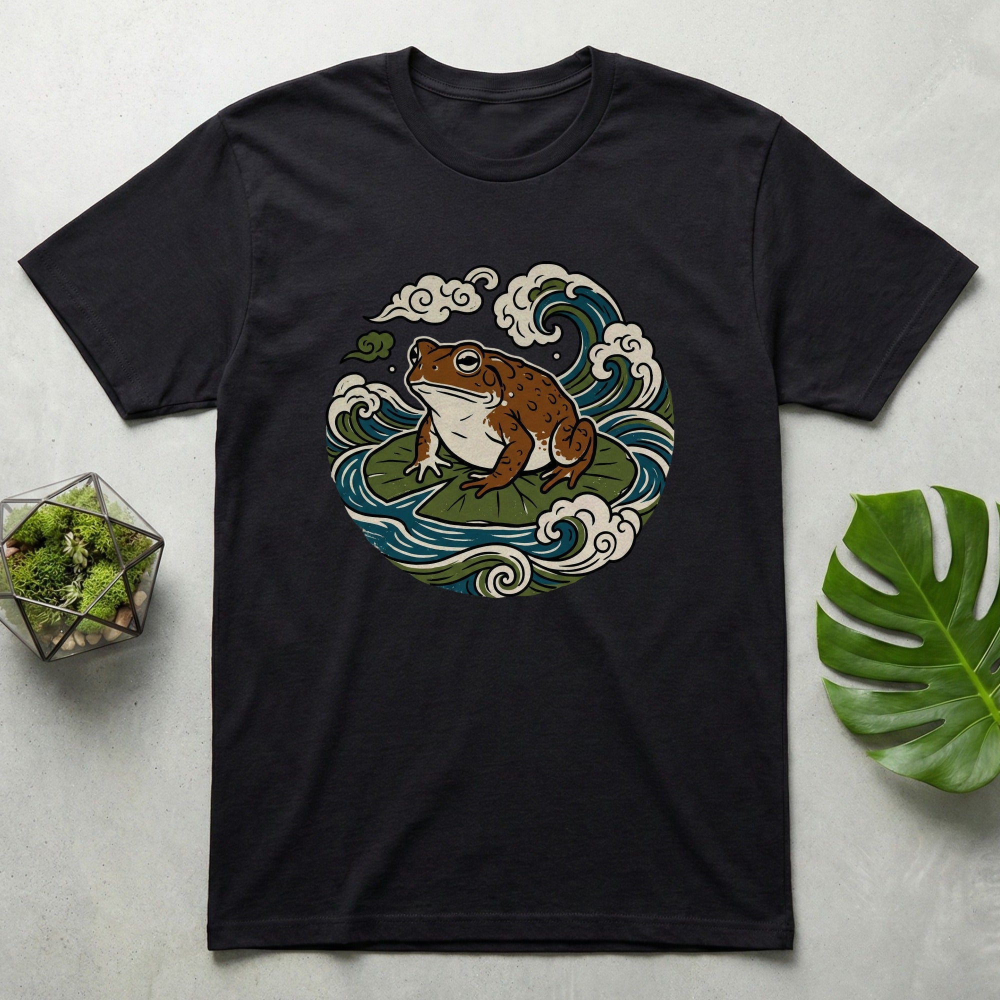 Frog and Waves Design Black Graphic Tee