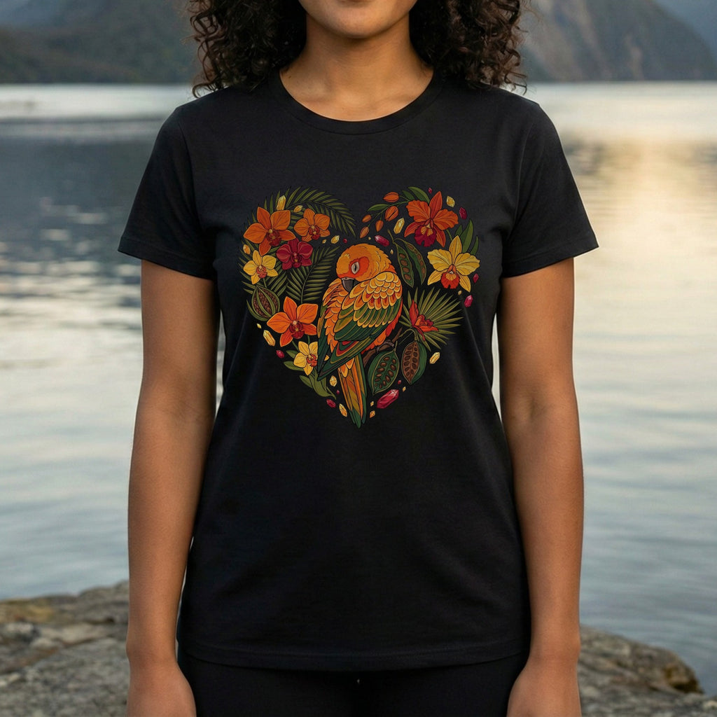 Vibrant Heart Parrot Floral Design Graphic T-Shirt