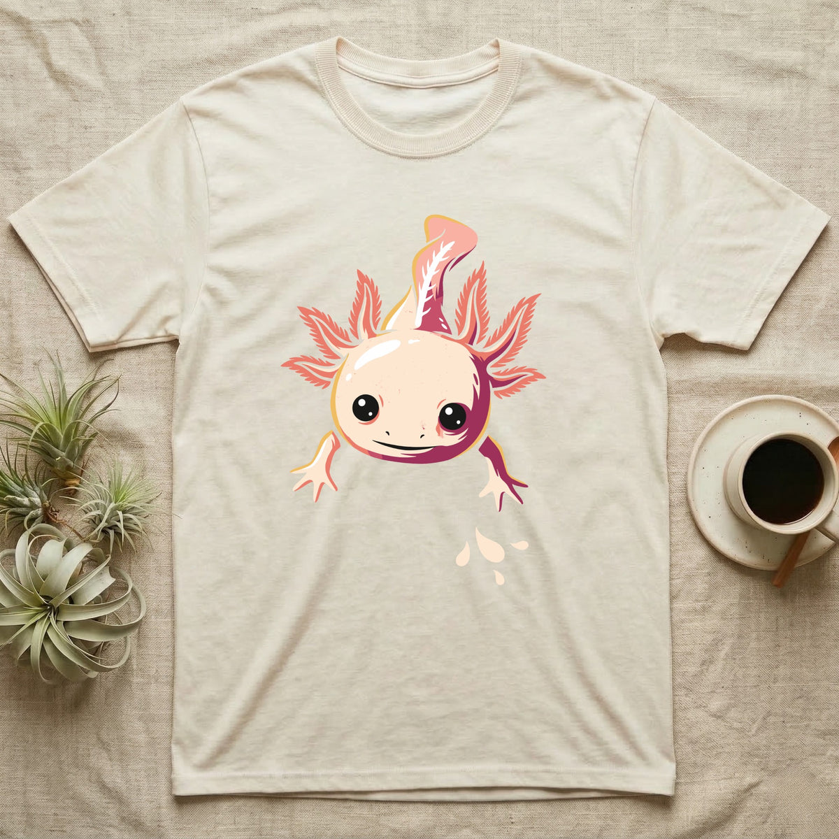 Cute chibi illustration of a smiling cream and coral-pink axolotl floating with splashing water droplets, no on-shirt text. — shown on a Natural tee.