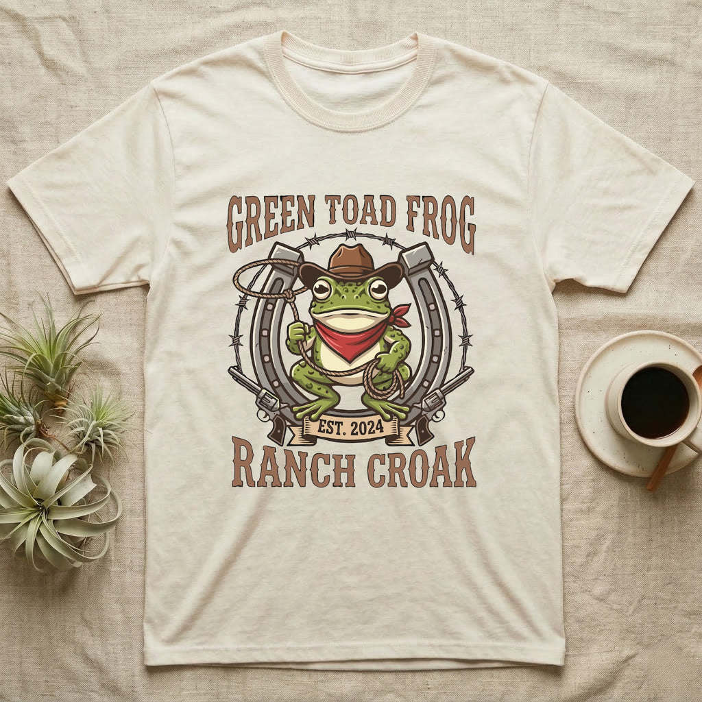 Green Toad Frog Ranch Croak t-shirt with cowboy frog, horseshoe, and guns.