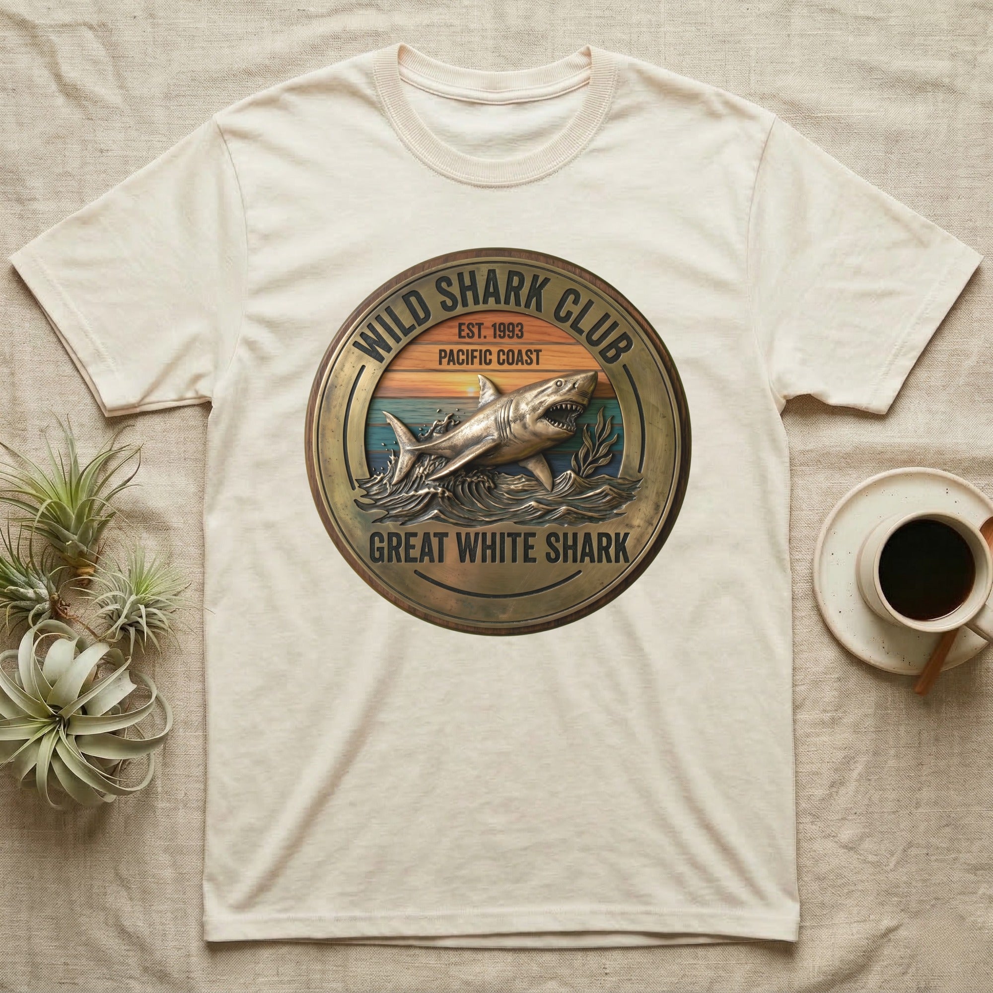 Cream t-shirt with "Wild Shark Club Great White Shark Pacific Coast Est. 1993" circular logo.