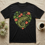 Black t-shirt with a green lizard and floral heart design.