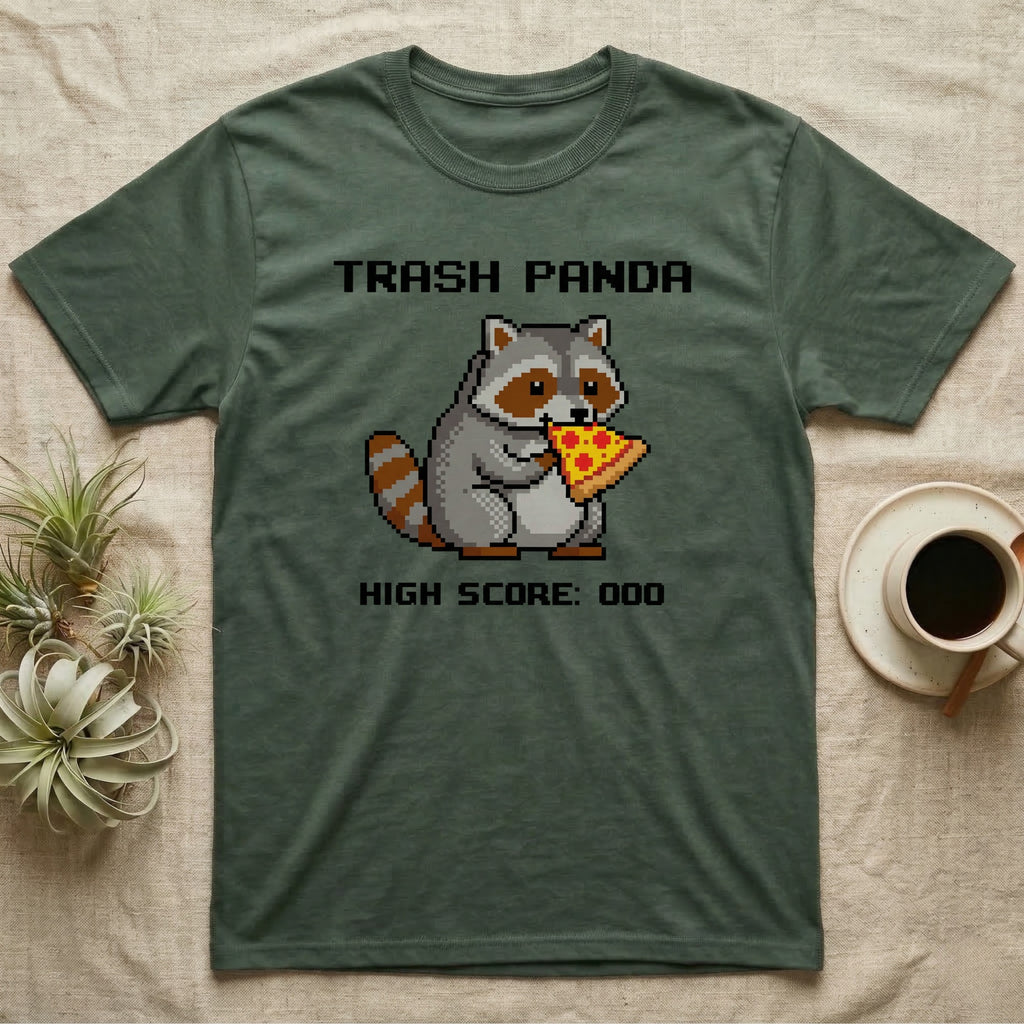 Pixelated raccoon wearing shirt with "Trash Panda High Score: 000" text, holding pizza.