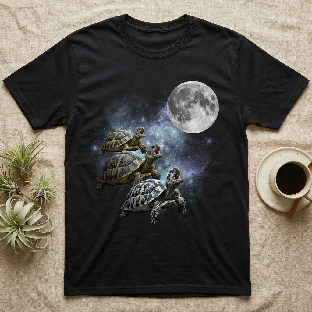 Hermann's Tortoise Moon Howl T-Shirt in Black — Three Hermann's Tortoise colour morphs howling at a full moon over a nebula on a dark grey t-shirt.