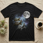 Hermann's Tortoise Moon Howl T-Shirt in Black — Three Hermann's Tortoise colour morphs howling at a full moon over a nebula on a dark grey t-shirt.