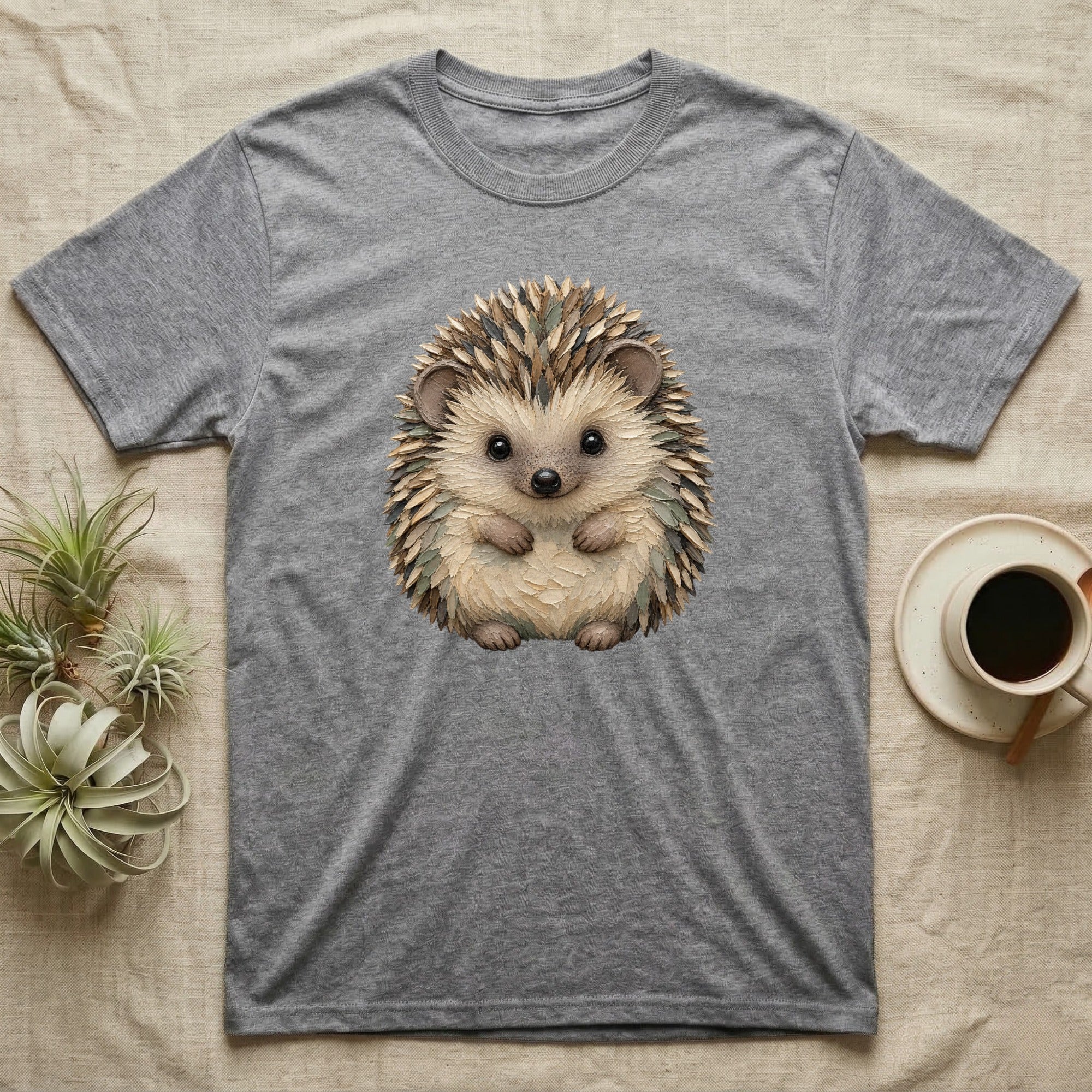 Grey t-shirt with a watercolor illustration of a cute hedgehog.
