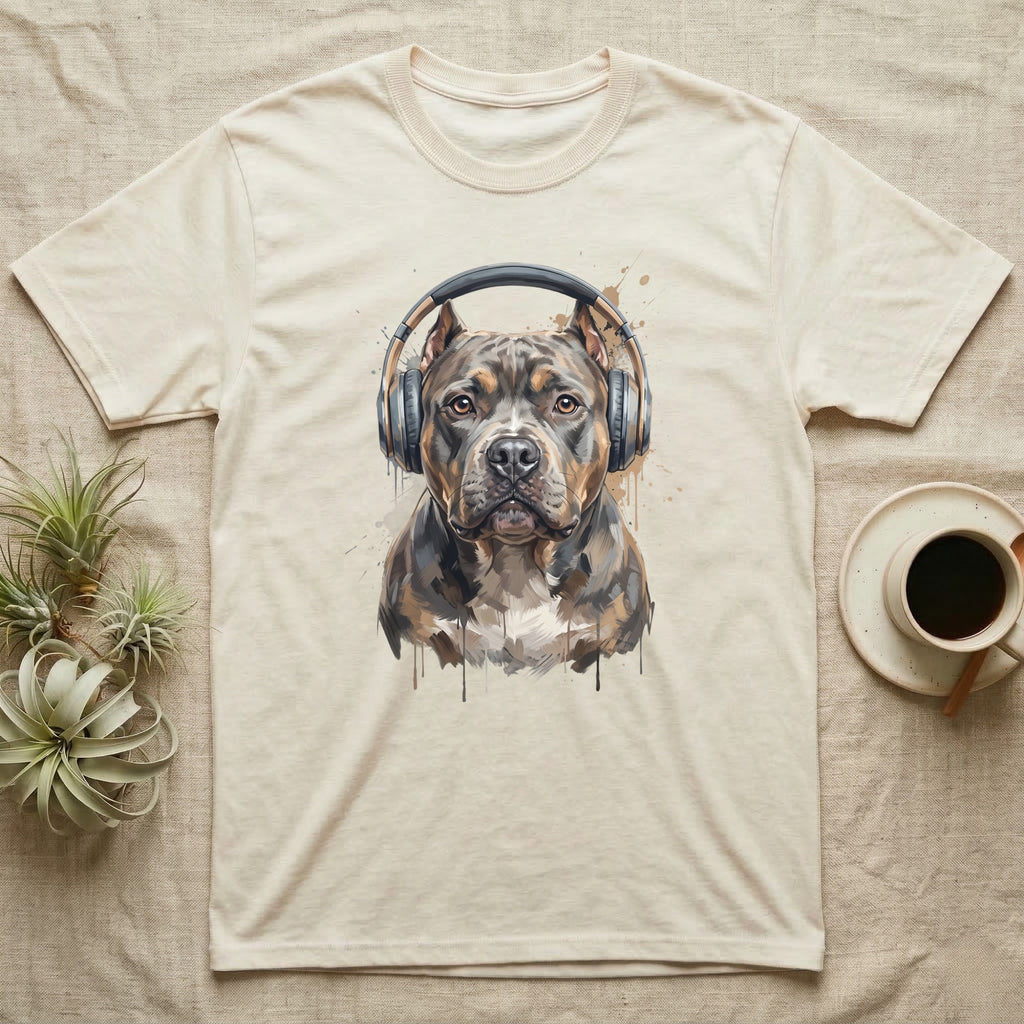 Pitbull wearing headphones, watercolor style, on a beige t-shirt.
