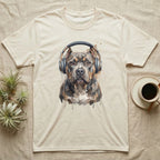 Pitbull wearing headphones, watercolor style, on a beige t-shirt.