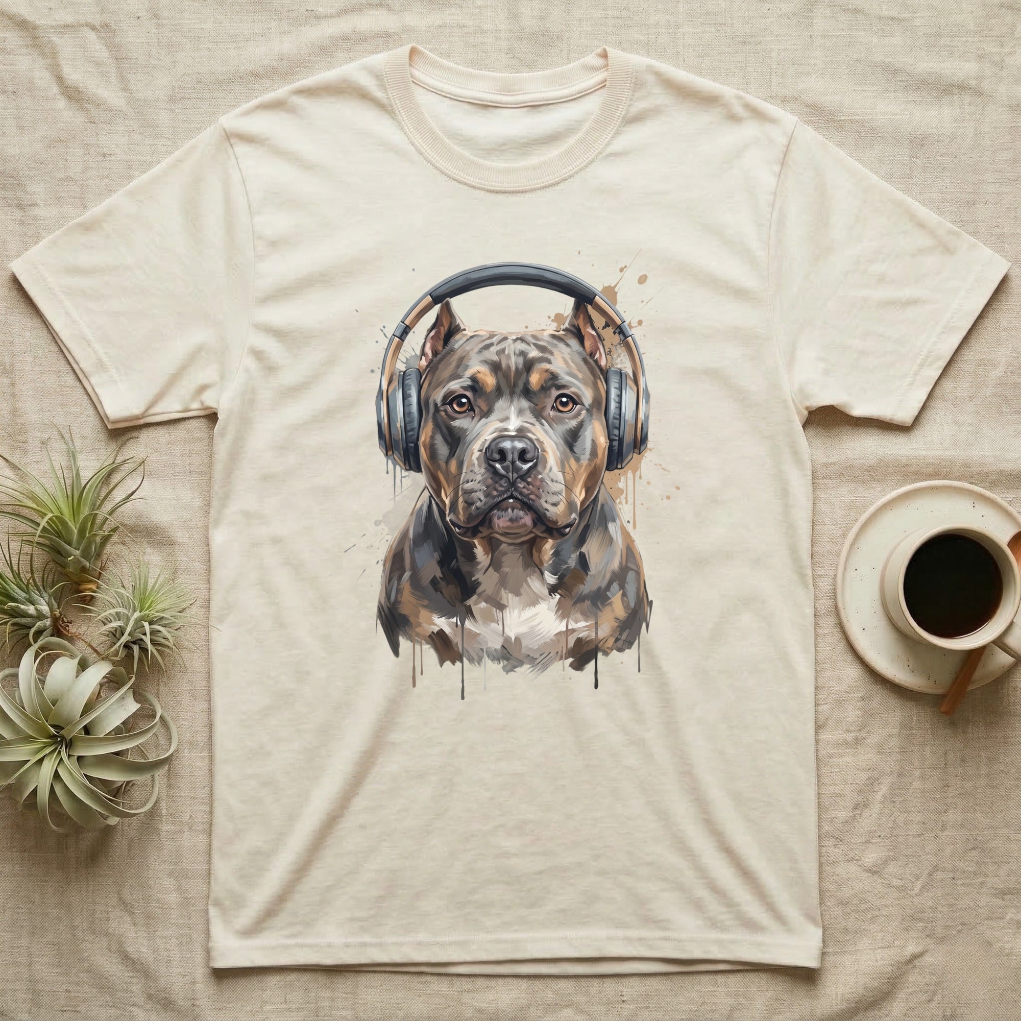 Pitbull wearing headphones, watercolor style, on a beige t-shirt.