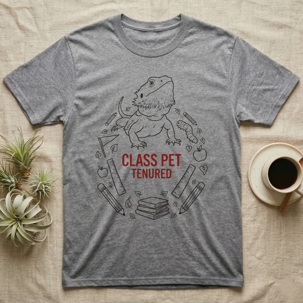 Bearded Dragon Class Pet T-Shirt in Sport Grey — Bearded dragon in a heroic head-up pose ringed by outline school motifs with CLASS PET TENURED text on grey