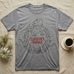 Bearded Dragon Class Pet T-Shirt in Sport Grey — Bearded dragon in a heroic head-up pose ringed by outline school motifs with CLASS PET TENURED text on grey