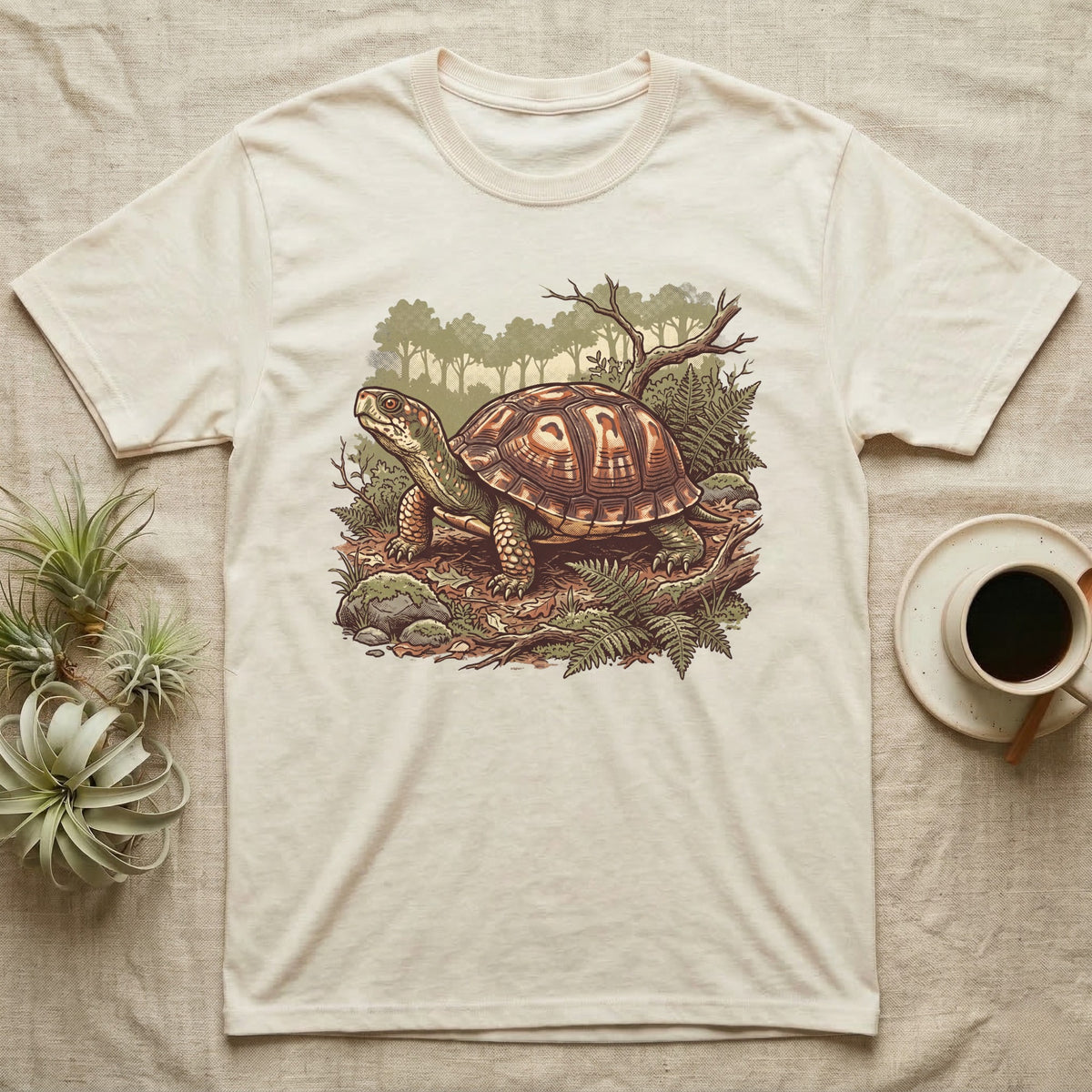 Wild Box Turtle T-Shirt in Natural — Retro conservation-poster illustration of a box turtle in a woodland habitat slice with ferns and leaf litter.