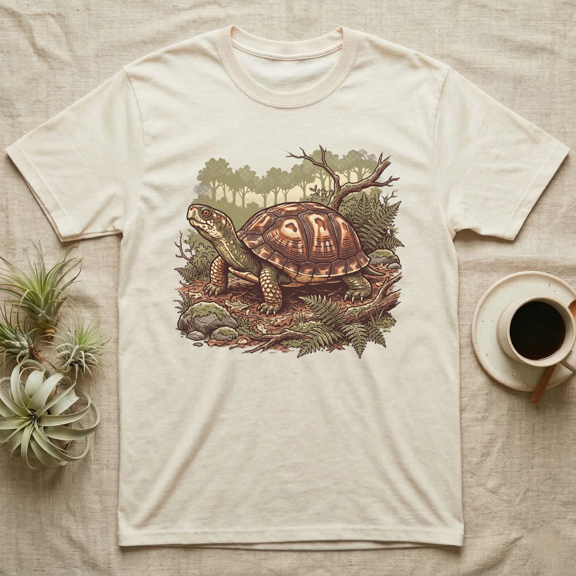 Wild Box Turtle T-Shirt in Natural — Retro conservation-poster illustration of a box turtle in a woodland habitat slice with ferns and leaf litter.