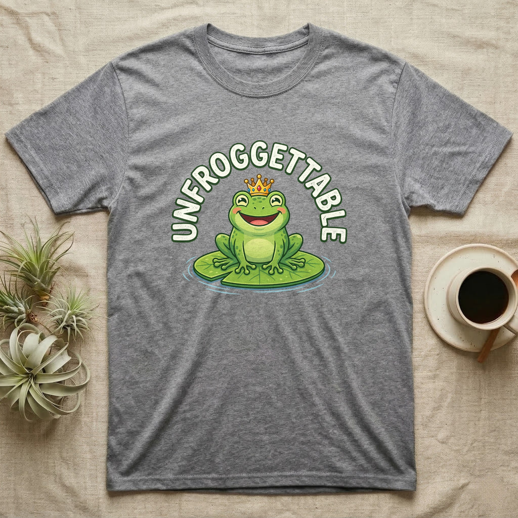 T-shirt with a smiling frog wearing a crown on a lily pad, "UNFROGGTTABLE" text.
