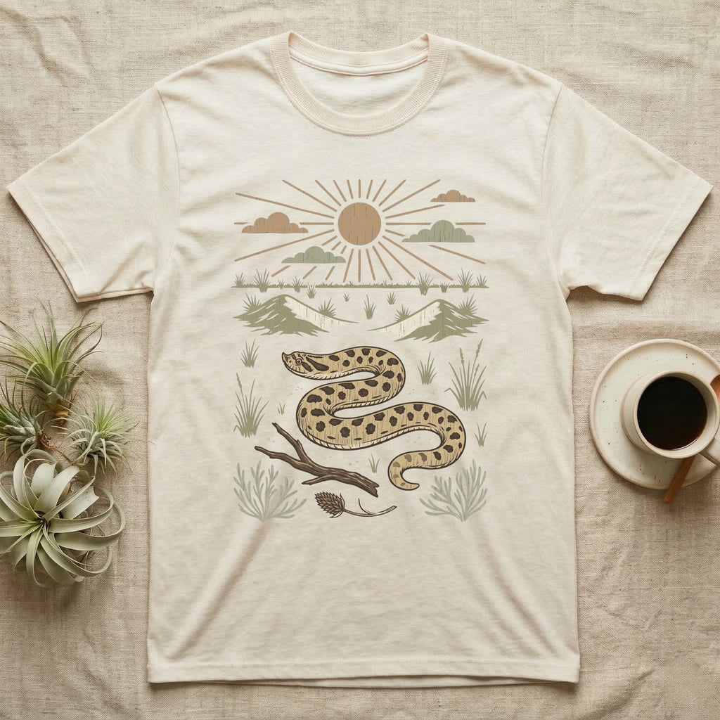 Western Hognose Home Range T-Shirt in Natural — Woodcut-style illustration of a western hognose snake nosing through sand with dunes and sagebrush behind, no on-shirt text.