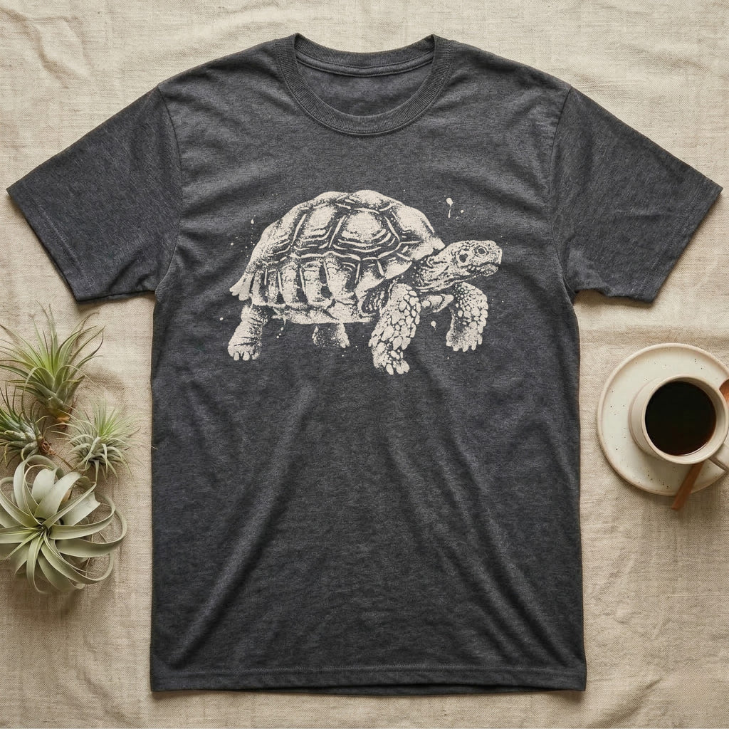 Sulcata Bleach Spatter T-Shirt in Dark Heather — Sulcata tortoise marching to the right, head up and one scaly front leg mid-step, formed from pale bleach spatter on black.
