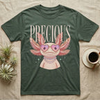 Green t-shirt with a "PRECIOUS" axolotl wearing heart sunglasses and a pearl necklace.