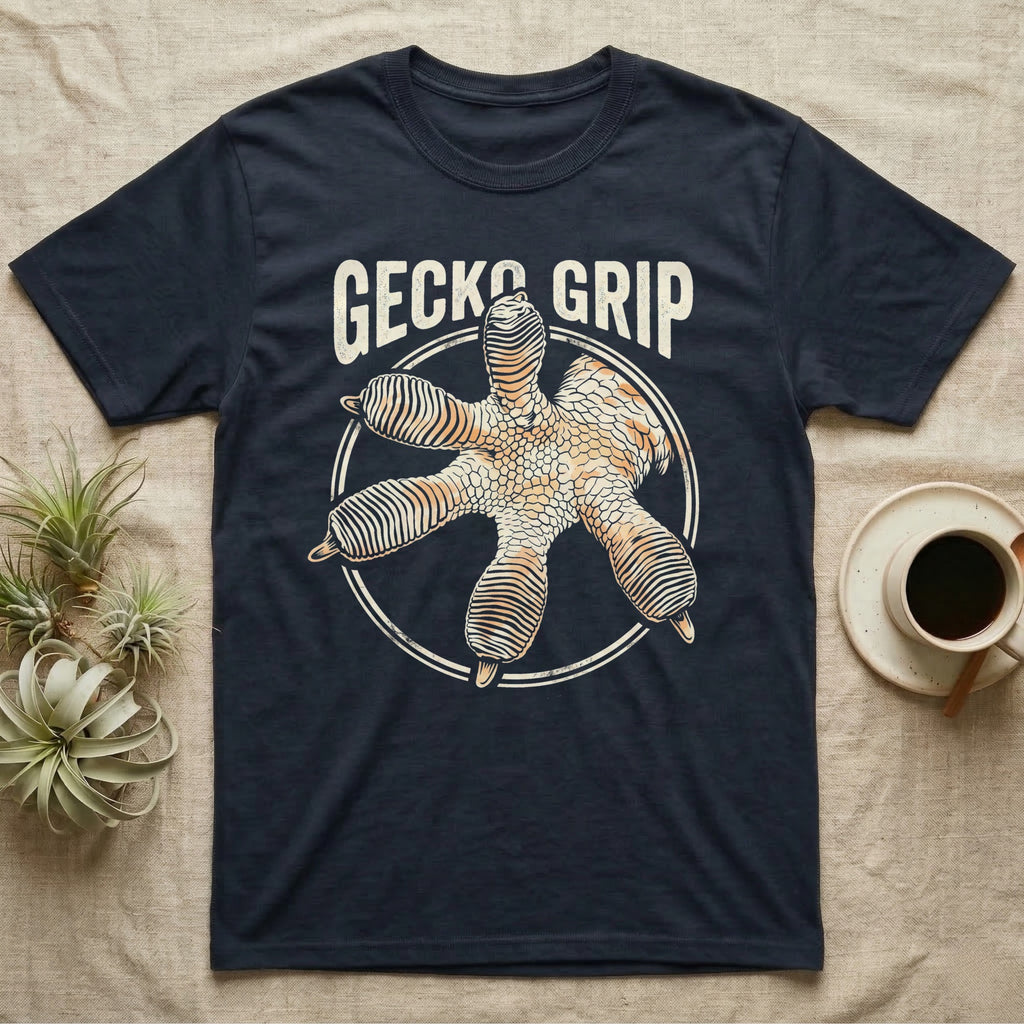 Macro badge illustration of a gecko's splayed foot with ribbed adhesive toe pads inside a distressed circular border, arched wordmark reading GECKO GRIP. — shown on a Navy tee.