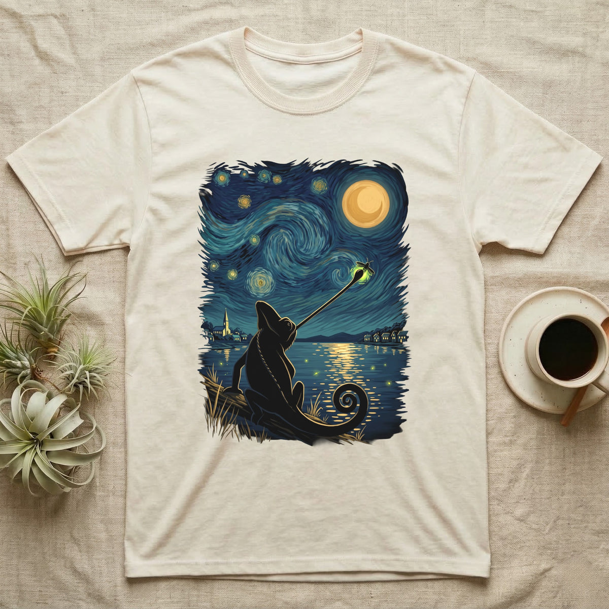 Veiled Chameleon Firefly T-Shirt in Natural — Veiled chameleon silhouette from behind catching a glowing firefly with its tongue in a swirling painted night sky