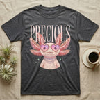 Dark grey t-shirt featuring a smiling axolotl wearing heart sunglasses and a pearl necklace.