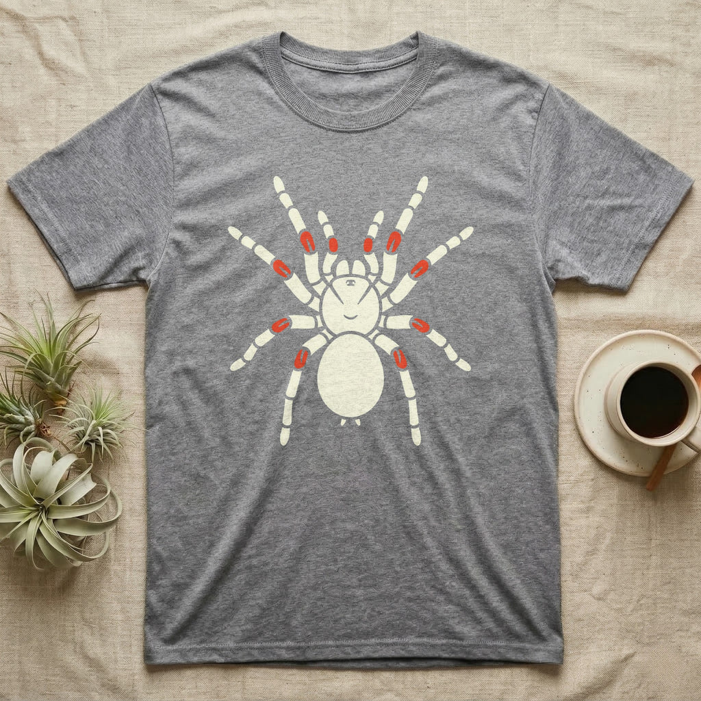 Gray t-shirt with a stylized white spider graphic with red accents.