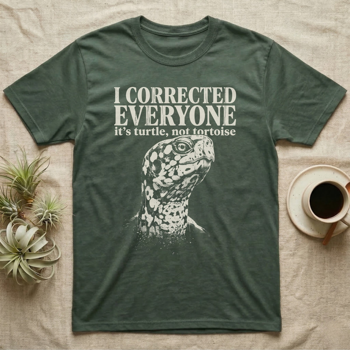 Box Turtle I Was Marinating T-Shirt in Military Green — One-ink white eastern box turtle portrait on black, blotched head and neck, under the words I WAS MARINATING and it's called a soak.