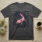 Dark grey t-shirt with a pink axolotl and blue water waves design.