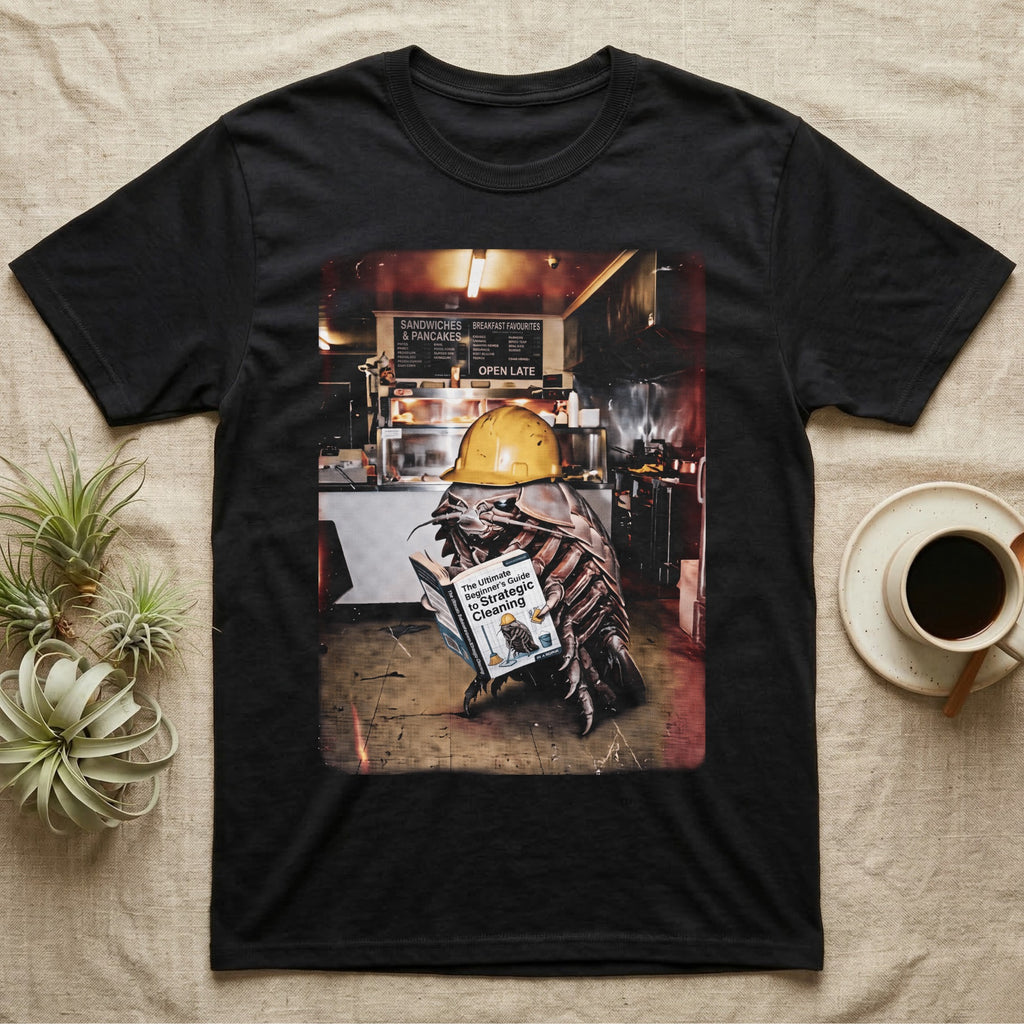Black t-shirt with graphic of a giant insect in a hard hat reading "The Ultimate Beginner's Guide to Strategic Cleaning."