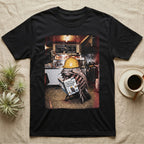 Black t-shirt with graphic of a giant insect in a hard hat reading "The Ultimate Beginner's Guide to Strategic Cleaning."