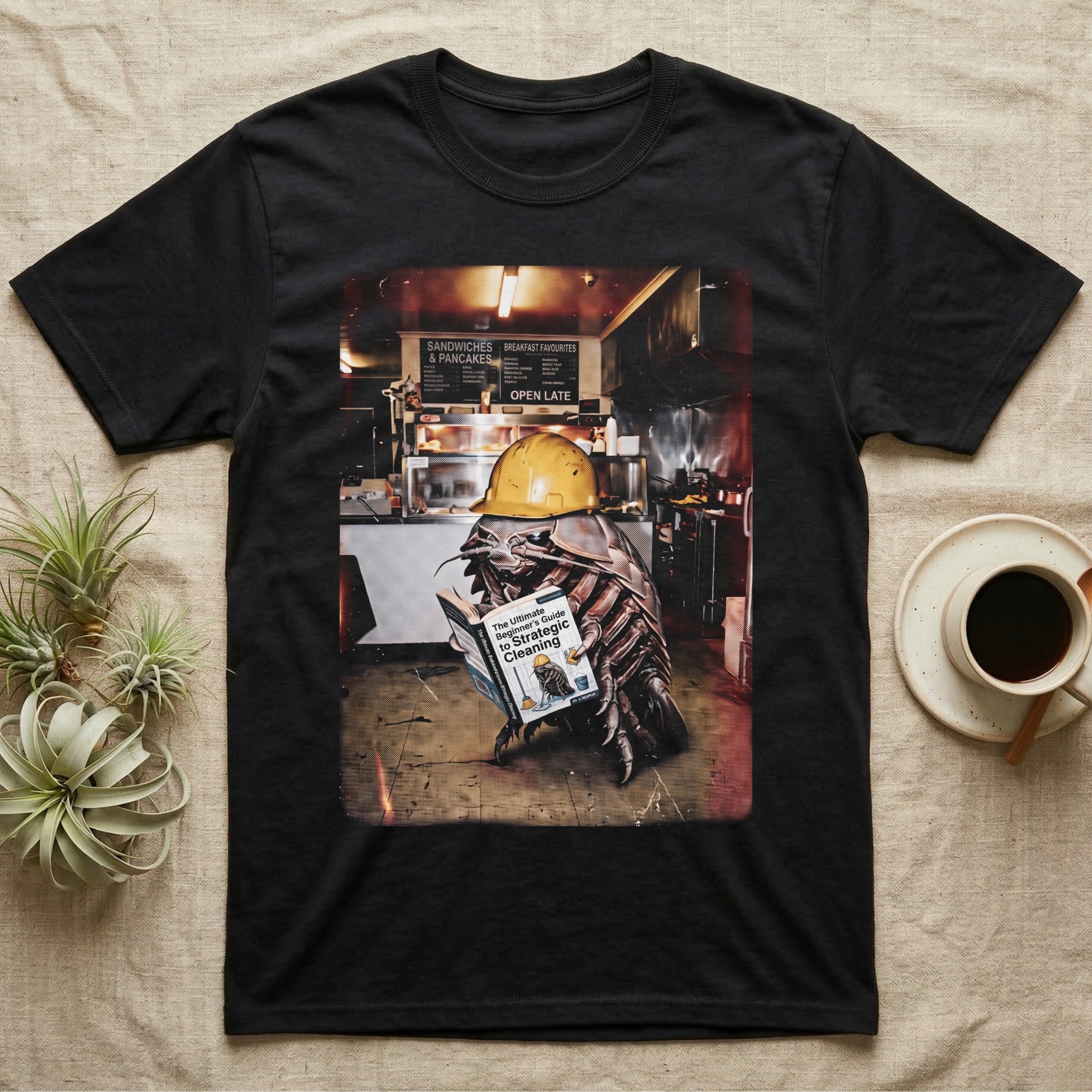 Black t-shirt with graphic of a giant insect in a hard hat reading "The Ultimate Beginner's Guide to Strategic Cleaning."