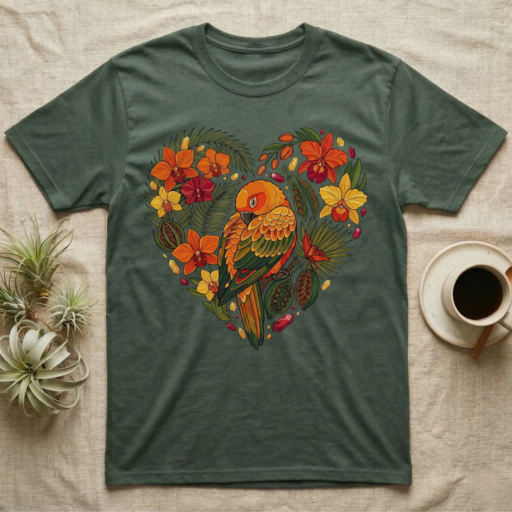 Green t-shirt with a colorful parrot and flowers arranged in a heart shape.