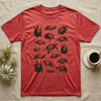 Red-Eared Slider Scatter T-Shirt in Heather Red — Seventeen red-eared sliders in one olive-green screen-print ink, scattered at varied scale, angle and size.