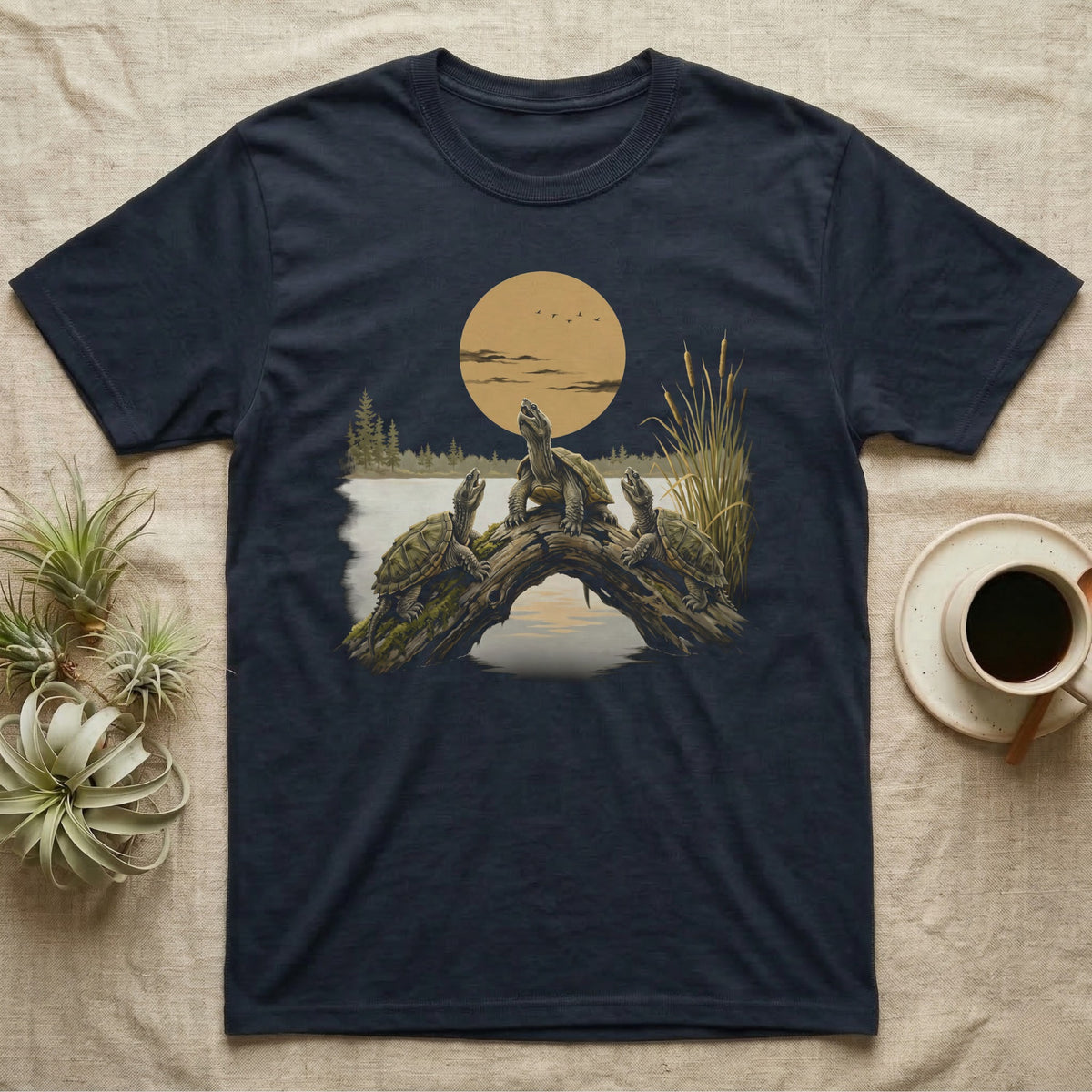 Snapping Turtle Moon T-Shirt in Navy — Painted 90s wildlife art of three snapping turtles on a marsh log howling at a golden moon