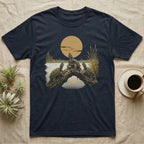 Snapping Turtle Moon T-Shirt in Navy — Painted 90s wildlife art of three snapping turtles on a marsh log howling at a golden moon