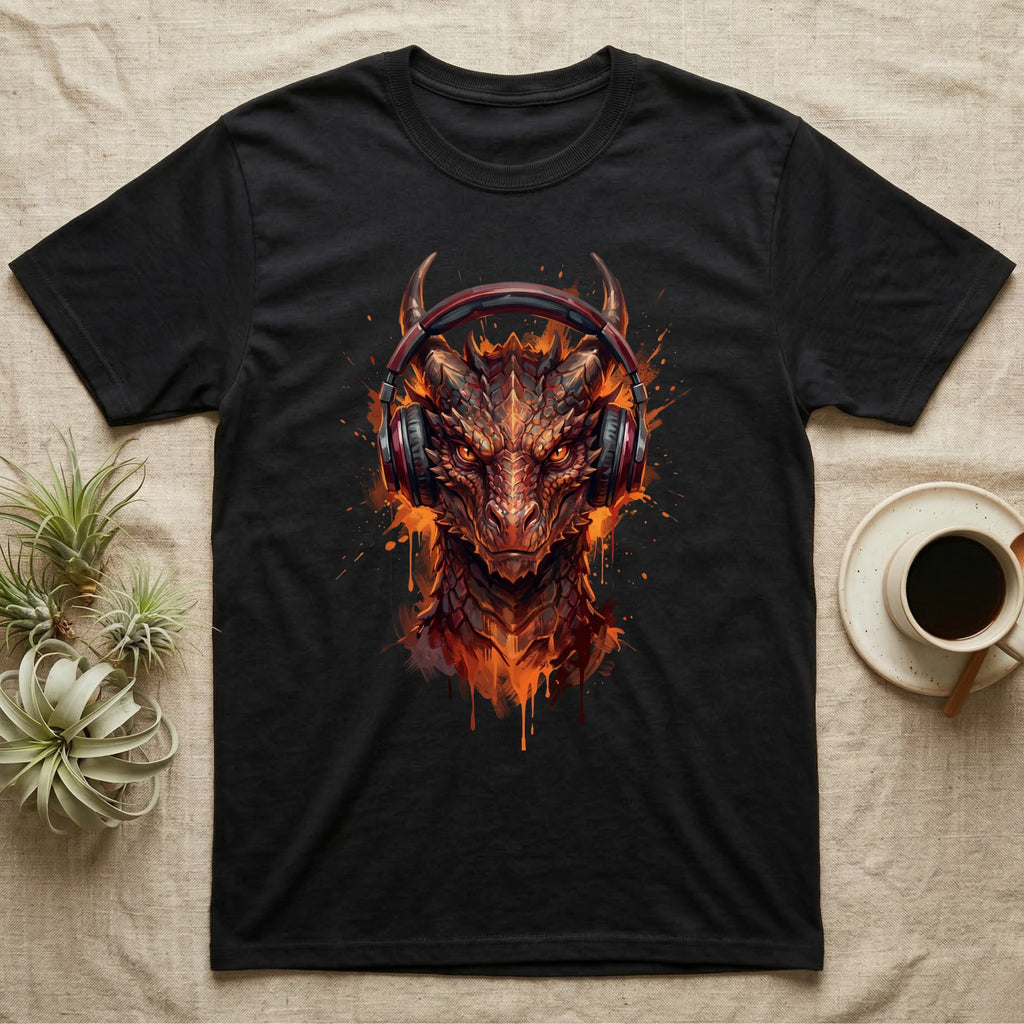 Black t-shirt with a fiery dragon wearing headphones, with coffee and plants.