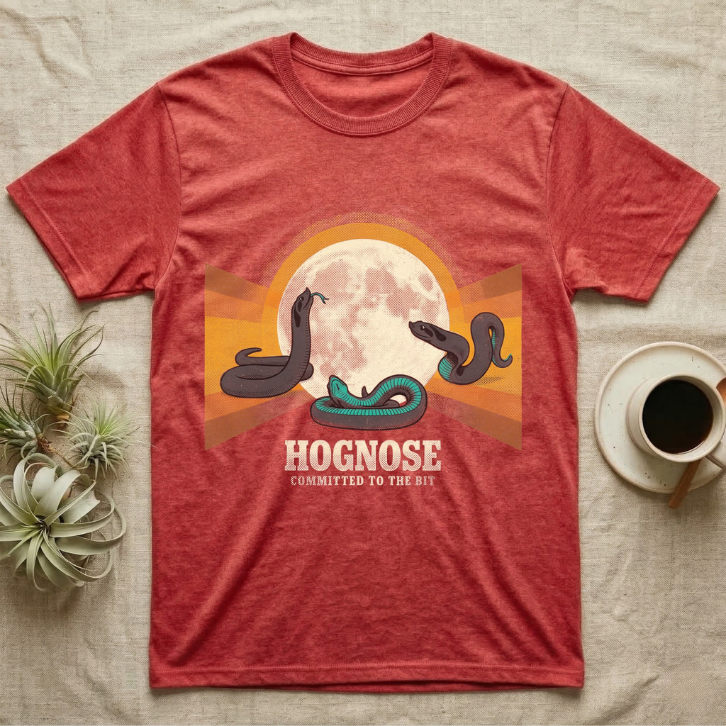 Three Hognose Moon Tee in Heather Red — Retro-illustration of three western hognose snakes in distinct death-feign poses around a stratified halftone full moon.