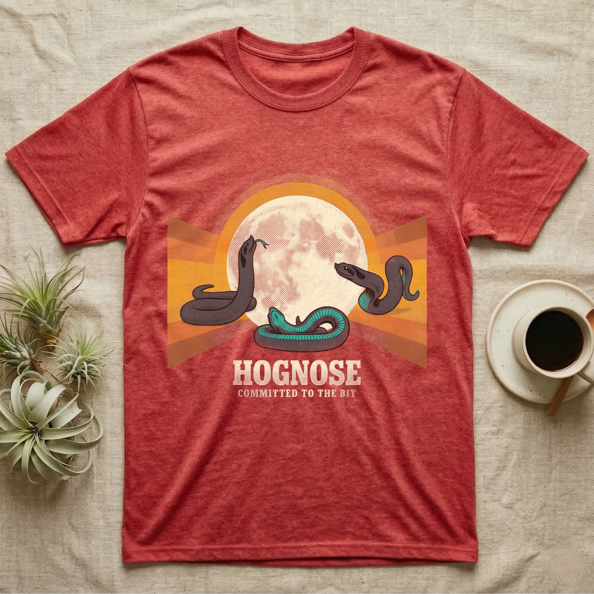 Three Hognose Moon Tee in Heather Red — Retro-illustration of three western hognose snakes in distinct death-feign poses around a stratified halftone full moon.