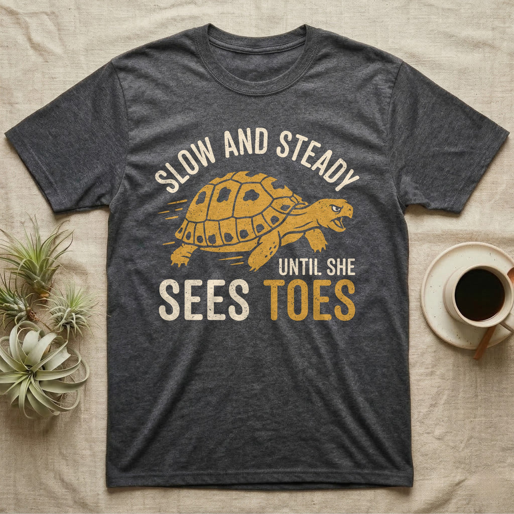 Hermann's Tortoise Toes T-Shirt in Dark Heather — Golden ochre Hermann's tortoise charging to the right under arched cream words Slow And Steady, with Until She Sees Toes below