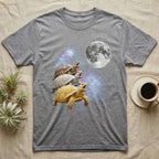 Sulcata Tortoise Moon Howl T-Shirt in Sport Grey — Three Sulcata Tortoise colour morphs howling at a full moon over a nebula on a dark grey t-shirt.