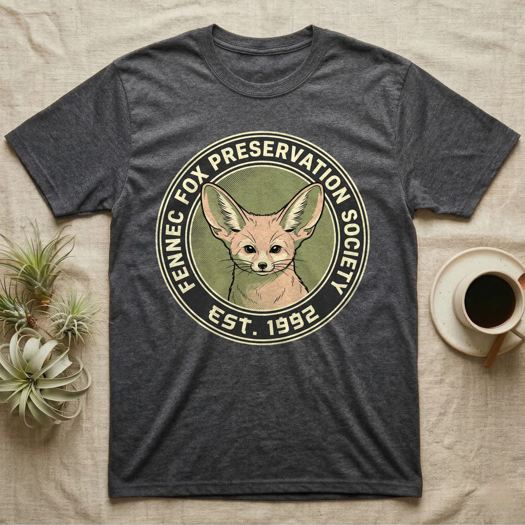 Dark grey t-shirt with Fennec Fox Preservation Society circular logo and "EST. 1992".