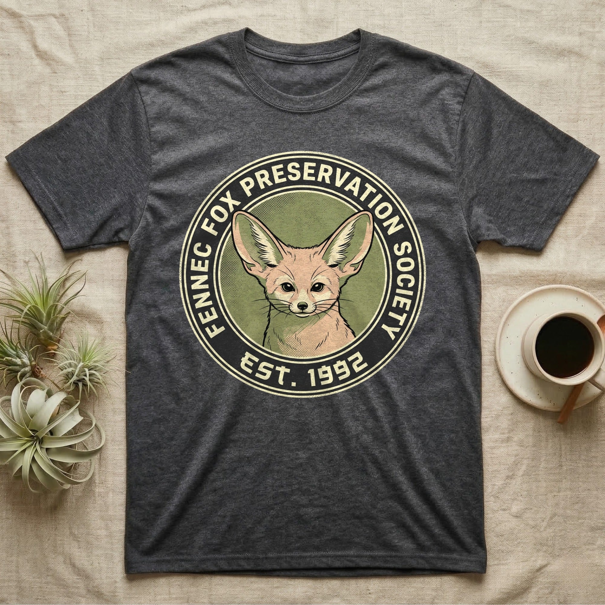 Dark grey t-shirt with Fennec Fox Preservation Society circular logo and "EST. 1992".