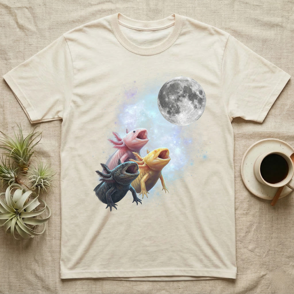 Axolotl Moon Howl T-Shirt in Natural — Three Axolotl colour morphs howling at a full moon over a nebula on a dark grey t-shirt.