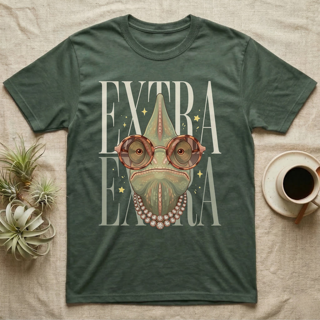 Green t-shirt with chameleon wearing glasses and pearl necklace, "EXTRA EXTRA" text.