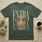 Green t-shirt with chameleon wearing glasses and pearl necklace, "EXTRA EXTRA" text.