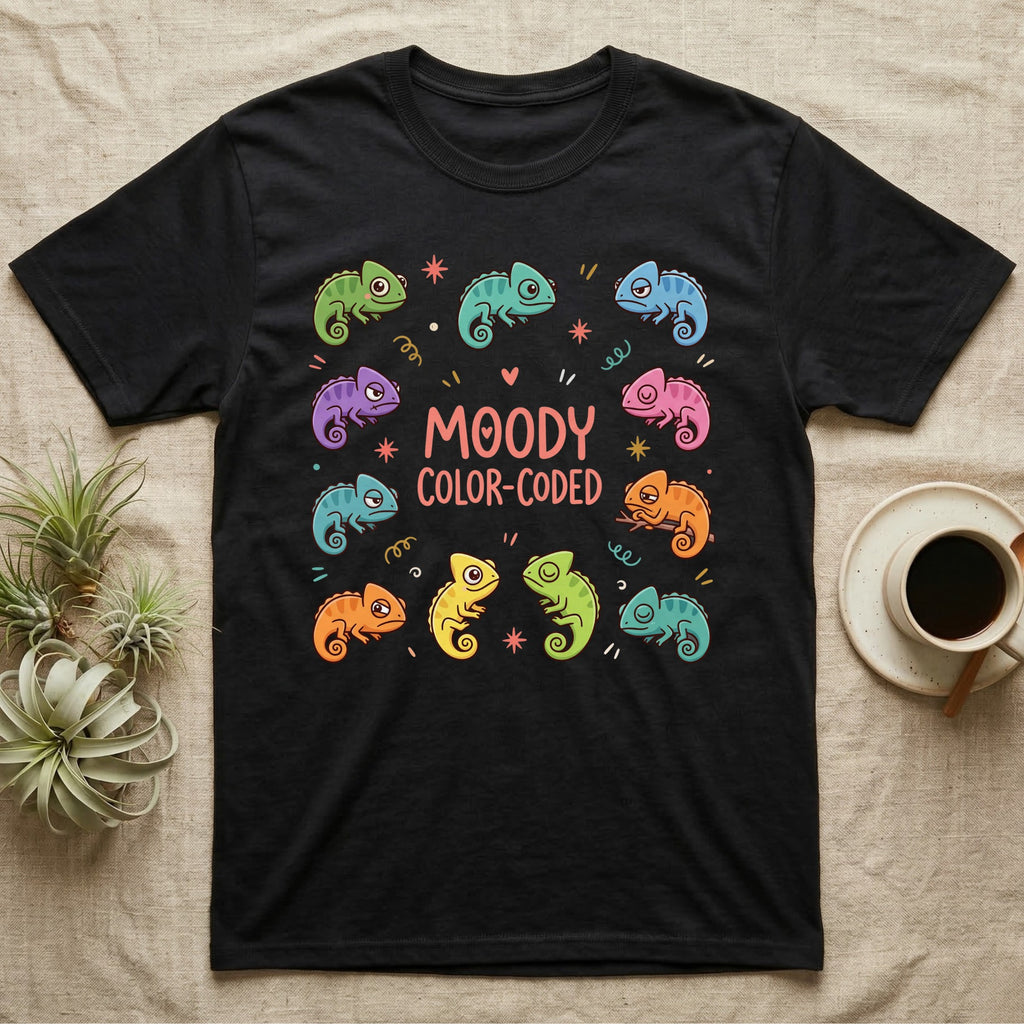 Chameleon Moody T-Shirt in Black — Ten cartoon chameleons in different colours and moods around the coral-pink words MOODY COLOR-CODED