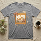 Grey t-shirt with a framed illustration of a bearded dragon eating salad.
